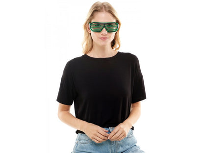 Green plastic light up glasses with horizontal slats designed for fun and novelty wear