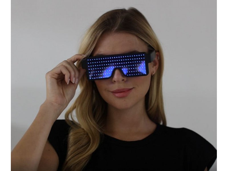 Blue led light-up glasses with black frame featuring bright illumination for parties and nighttime events