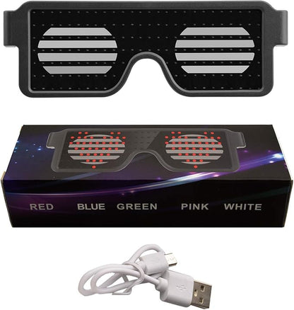 Black light up glasses with silver striped led lenses, sleek plastic frame, and usb charging cable included