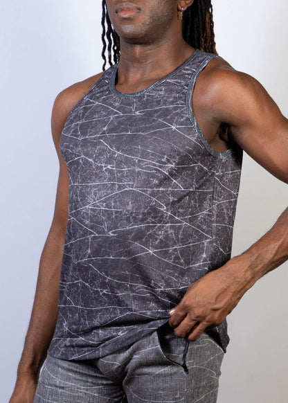 Gray tank top with a white crackle lightning print pattern ideal for casual wear