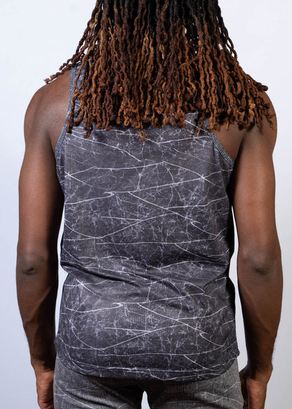 Black tank top with a white crackle lightning print pattern perfect for casual wear