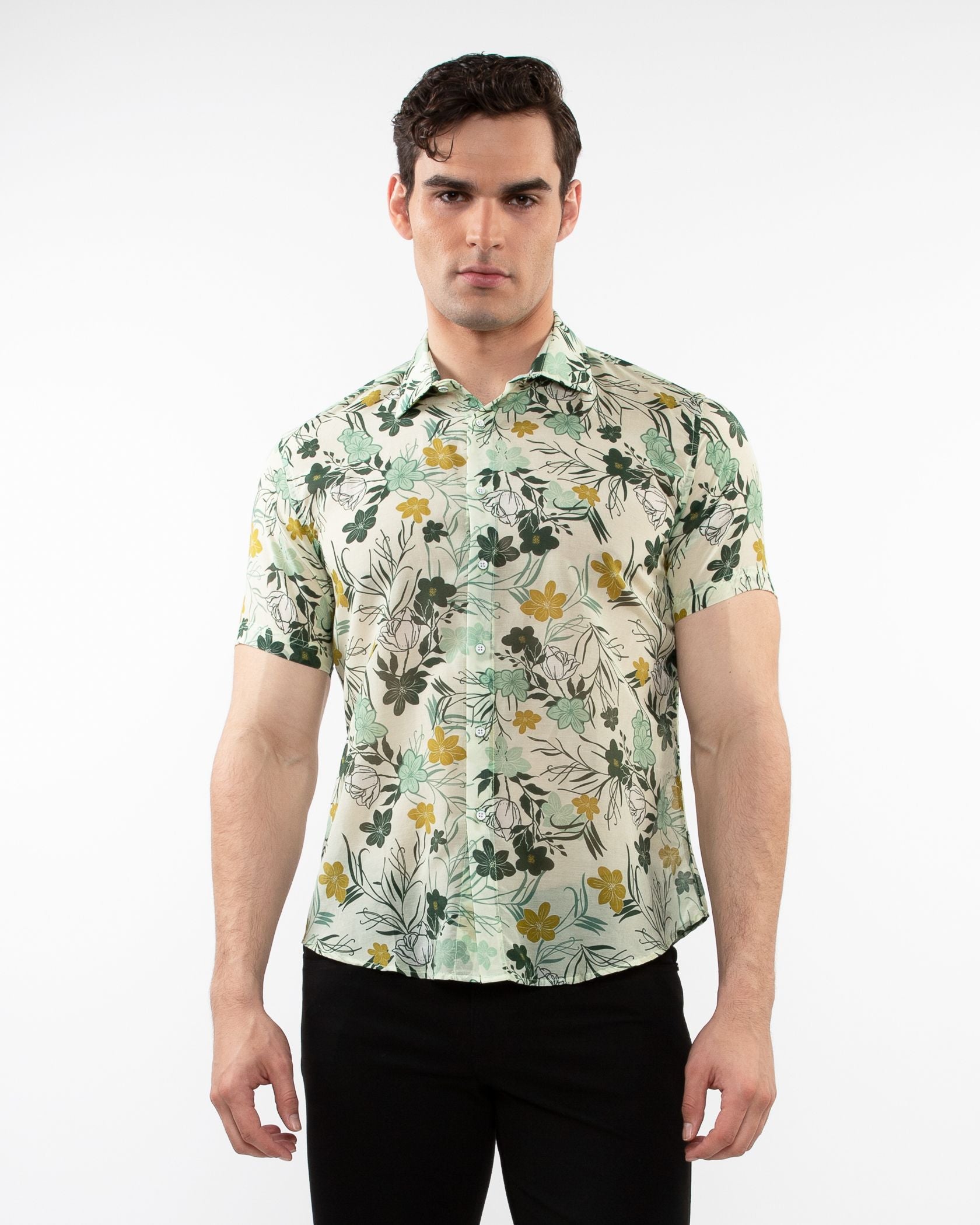 Lightweight cotton silk short-sleeved shirt in light cream with yellow floral pattern and green mint accents