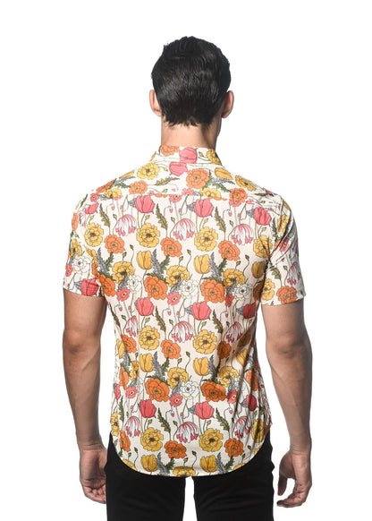 Lightweight cotton tencel short sleeve shirt in cream with vibrant orange and pink floral pattern and green stems