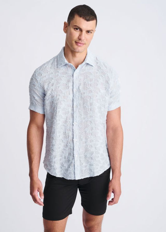 Light blue lightweight jaquard short-sleeved button-up shirt with subtle textured pattern for casual wear