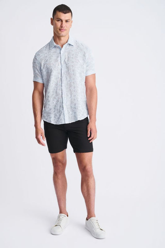 Light blue lightweight jacquard short-sleeved shirt with a subtle floral pattern perfect for warm weather