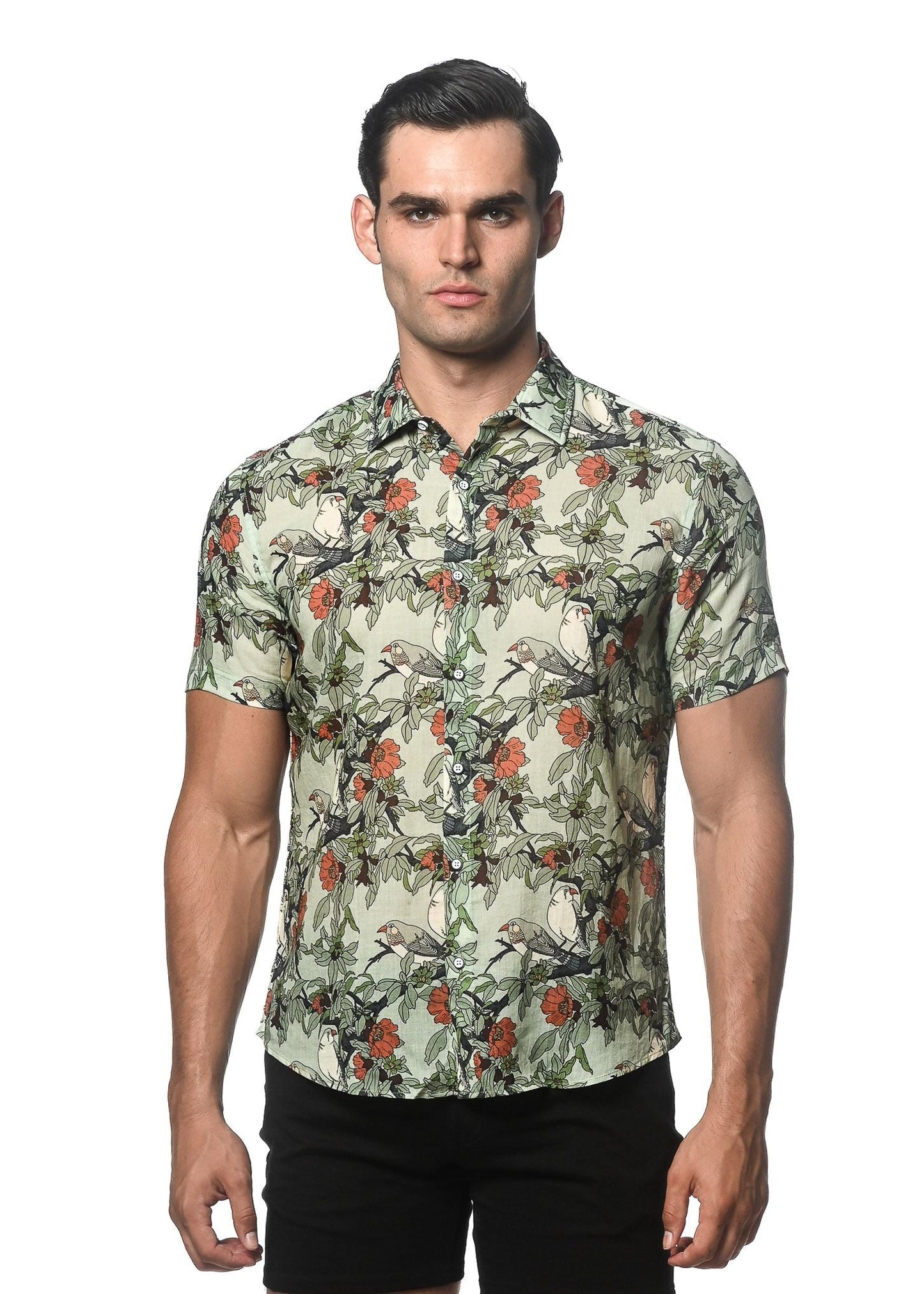 Lightweight linen tencel men’s short-sleeved button-up shirt with vibrant orange floral and green foliage print on off-white