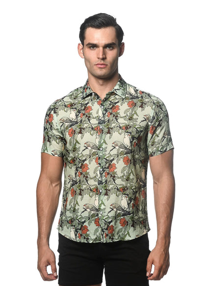 Lightweight linen tencel men’s short-sleeved button-up shirt with vibrant orange floral and green foliage print on off-white