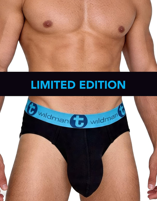 WildmanT Big Boy pouch cotton briefs in black with a bright blue elastic waistband featuring the WildmanT logo.