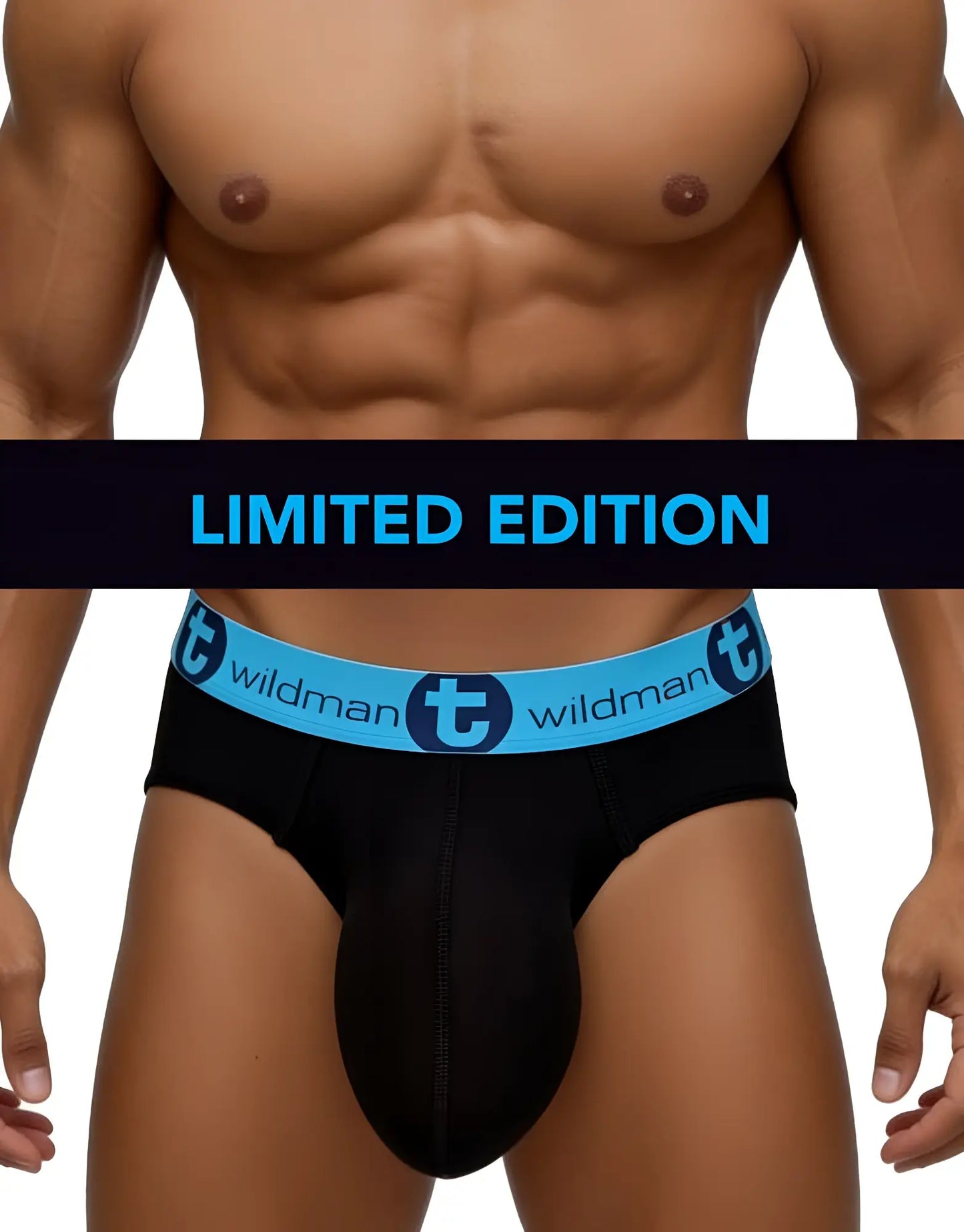 Black cotton briefs with a bright blue WildmanT logo waistband and a contoured pouch, worn by a muscular male.