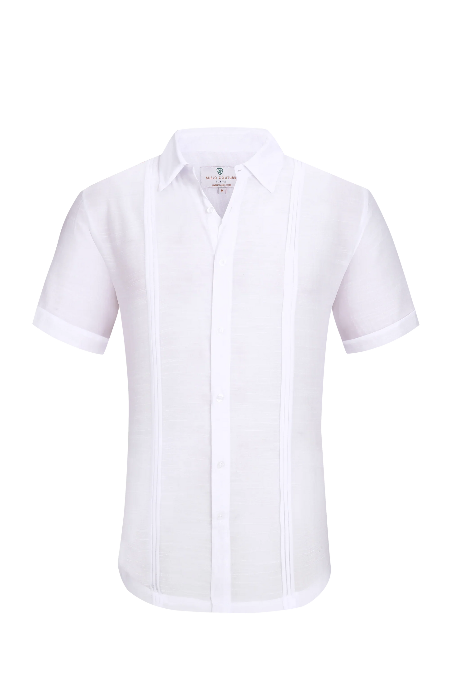 White linen air short-sleeved men’s formal shirt with crisp collar and vertical pleats down the front