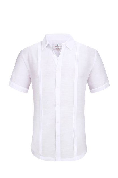 White linen air short-sleeved men’s formal shirt with crisp collar and vertical pleats down the front