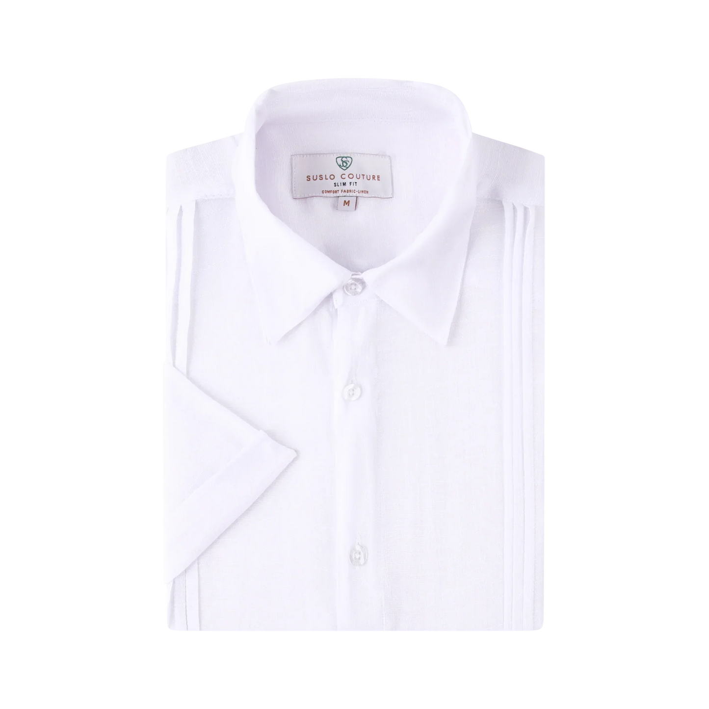 A crisp white linen air short-sleeved dress shirt with slim fit and subtle pleats featuring a classic collar