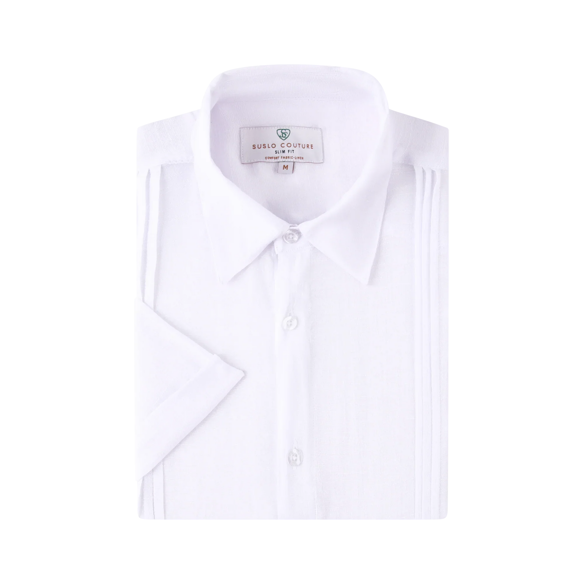 A crisp white linen air short-sleeved dress shirt with slim fit and subtle pleats featuring a classic collar