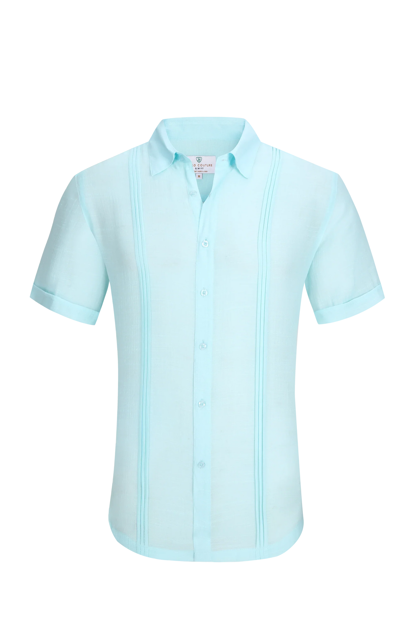 A light blue linen air short-sleeved men’s shirt with a classic collar and vertical pleats along the sides