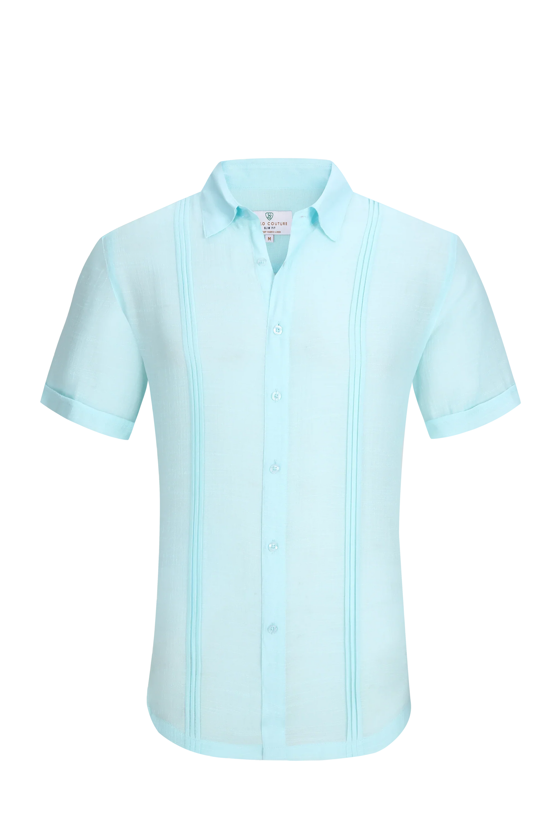 A light blue linen air short-sleeved men’s shirt with a classic collar and vertical pleats along the sides