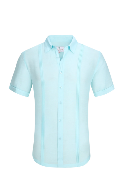 A light blue linen air short-sleeved men’s shirt with a classic collar and vertical pleats along the sides