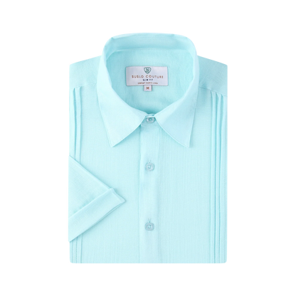 Linen air short-sleeved slim fit light blue dress shirt with pleated detailing along the sides