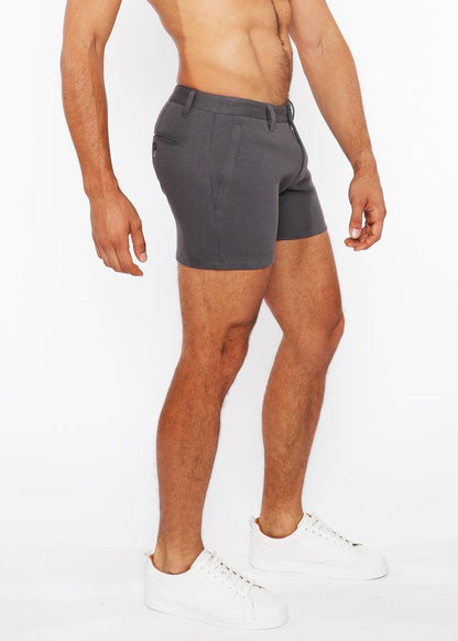 Dark gray linen-look textured tailored shorts with sleek modern design and zip pockets for stylish comfort