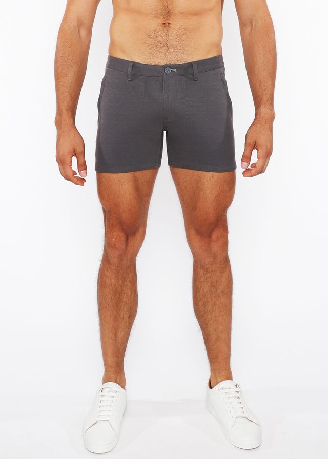 Dark gray linen-look textured chino shorts with classic fit belt loops and zip pockets for casual wear