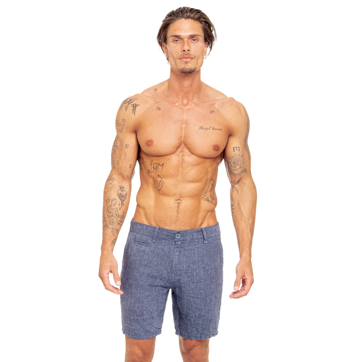 Blue linen slim fit shorts with textured fabric and classic five-pocket design for casual wear