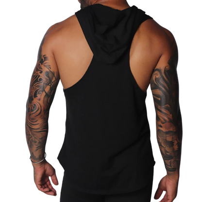Black sleeveless hoodie t-shirt with a racerback cut, made from soft, plain jersey fabric.