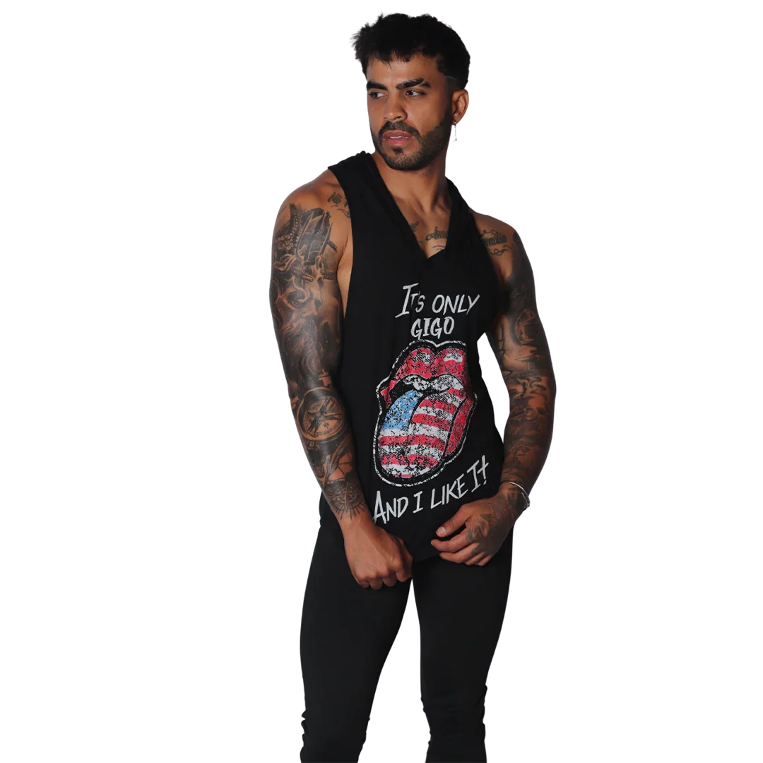 Black sleeveless hooded tank with American flag-patterned lips graphic and "It's only Gigo and I like it" text.