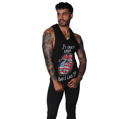 Black sleeveless hooded tank with American flag-patterned lips graphic and "It's only Gigo and I like it" text.