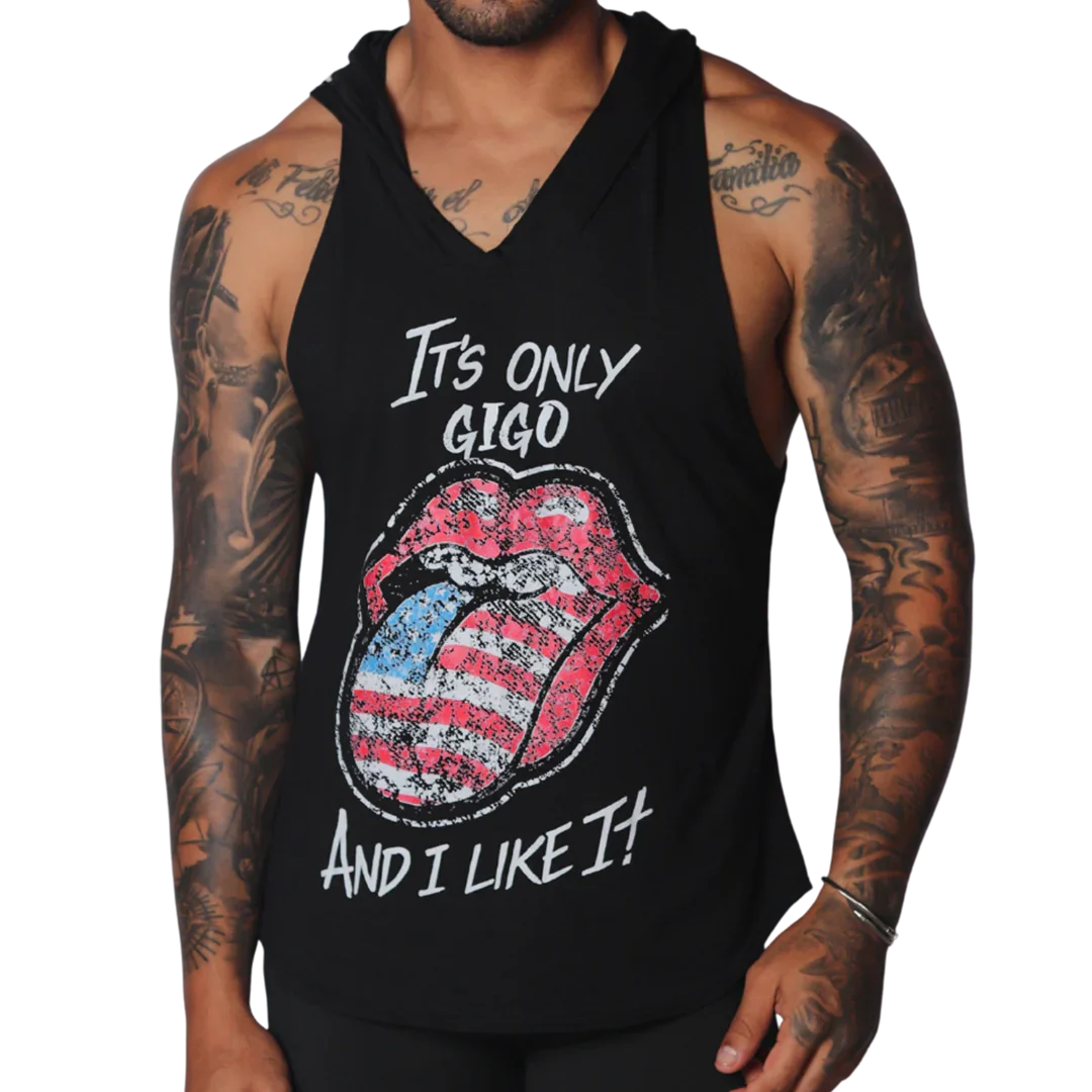 Black sleeveless hooded tank top with white text and a distressed American flag lips graphic on the front.