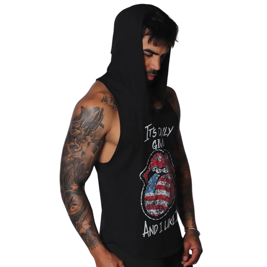 Black sleeveless hooded T-shirt with a distressed US flag-patterned lips graphic and white text.