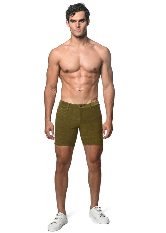 Olive green loopback stretch knit denim shorts with textured fabric for casual wear