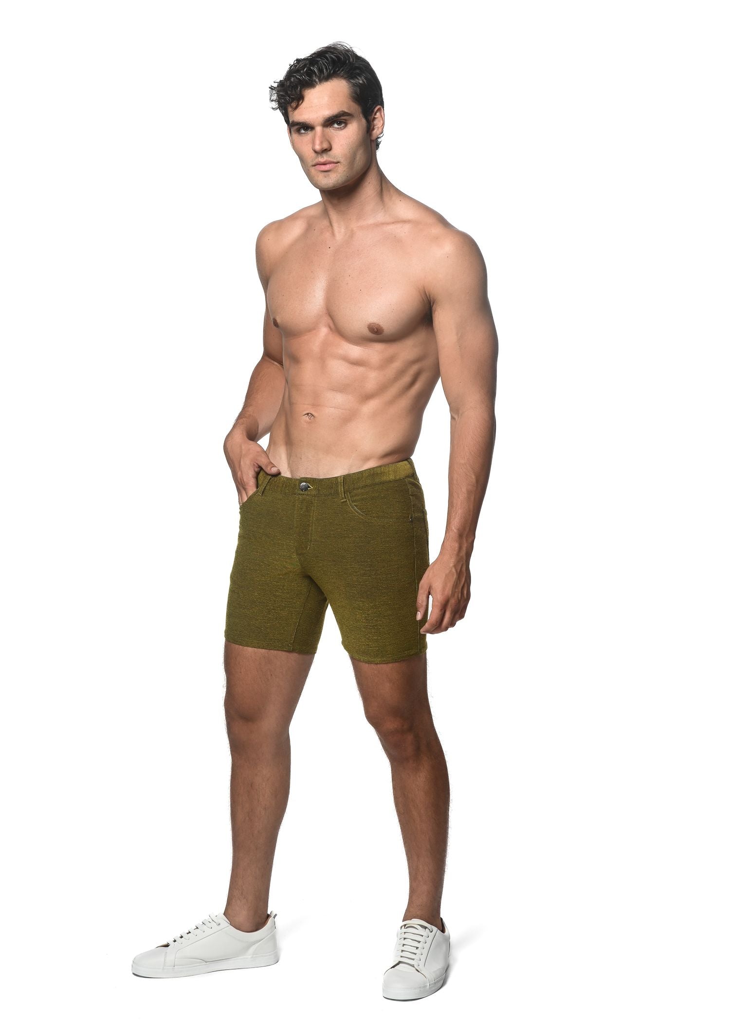 Olive green loopback stretch knit denim shorts featuring textured fabric perfect for casual wear