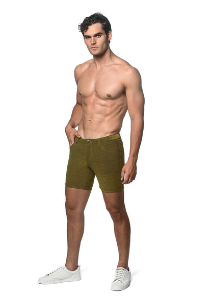 Olive green loopback stretch knit denim shorts featuring textured fabric perfect for casual wear