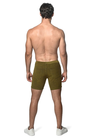 Olive green corduroy loopback stretch knit shorts with classic five-pocket design for casual wear