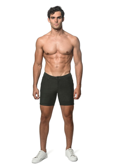 Dark green slim-fit loopback stretch knit shorts with classic five-pocket design and belt loops for men