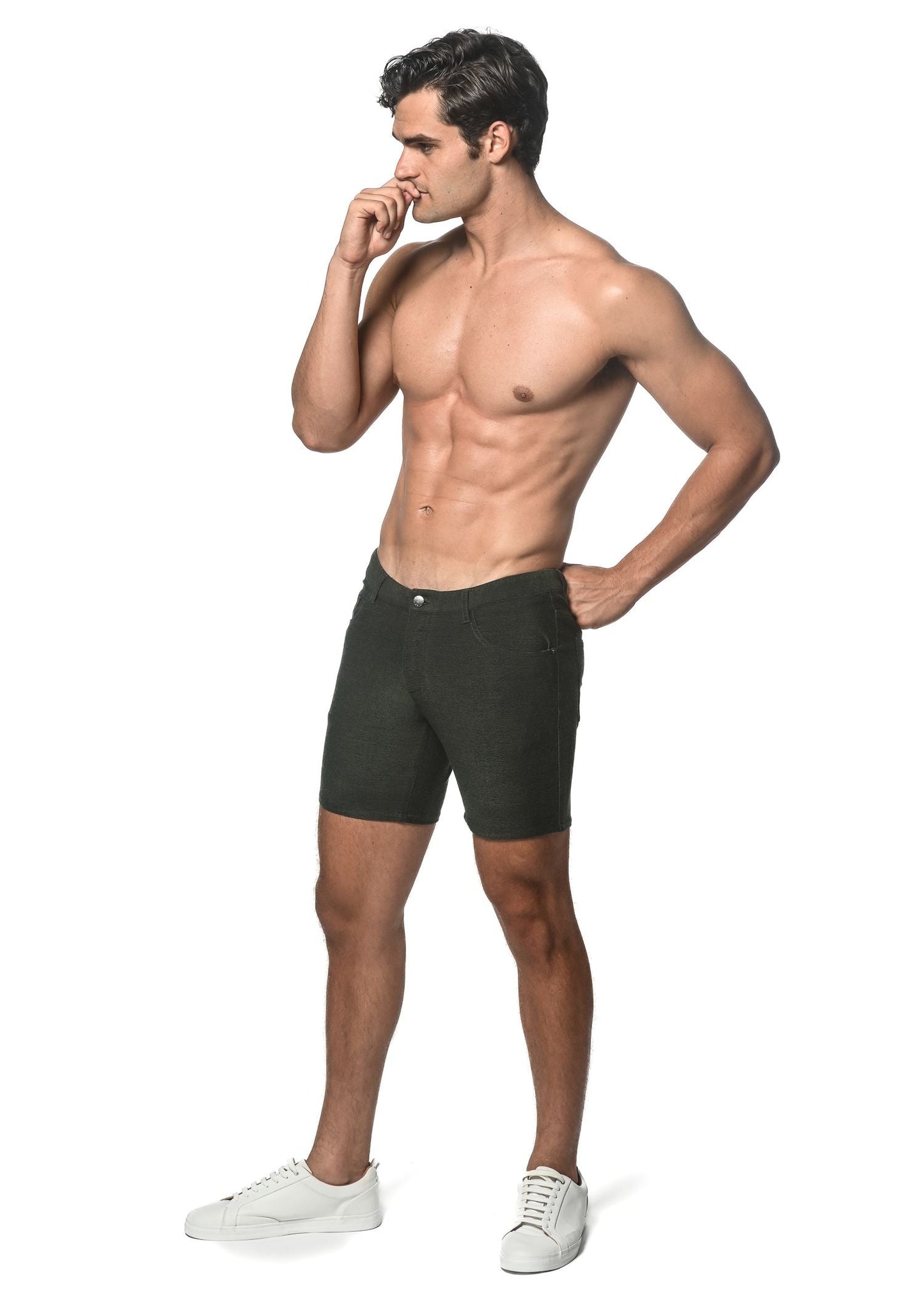 Black loopback stretch knit shorts with sleek form-fitting design and subtle stitching details