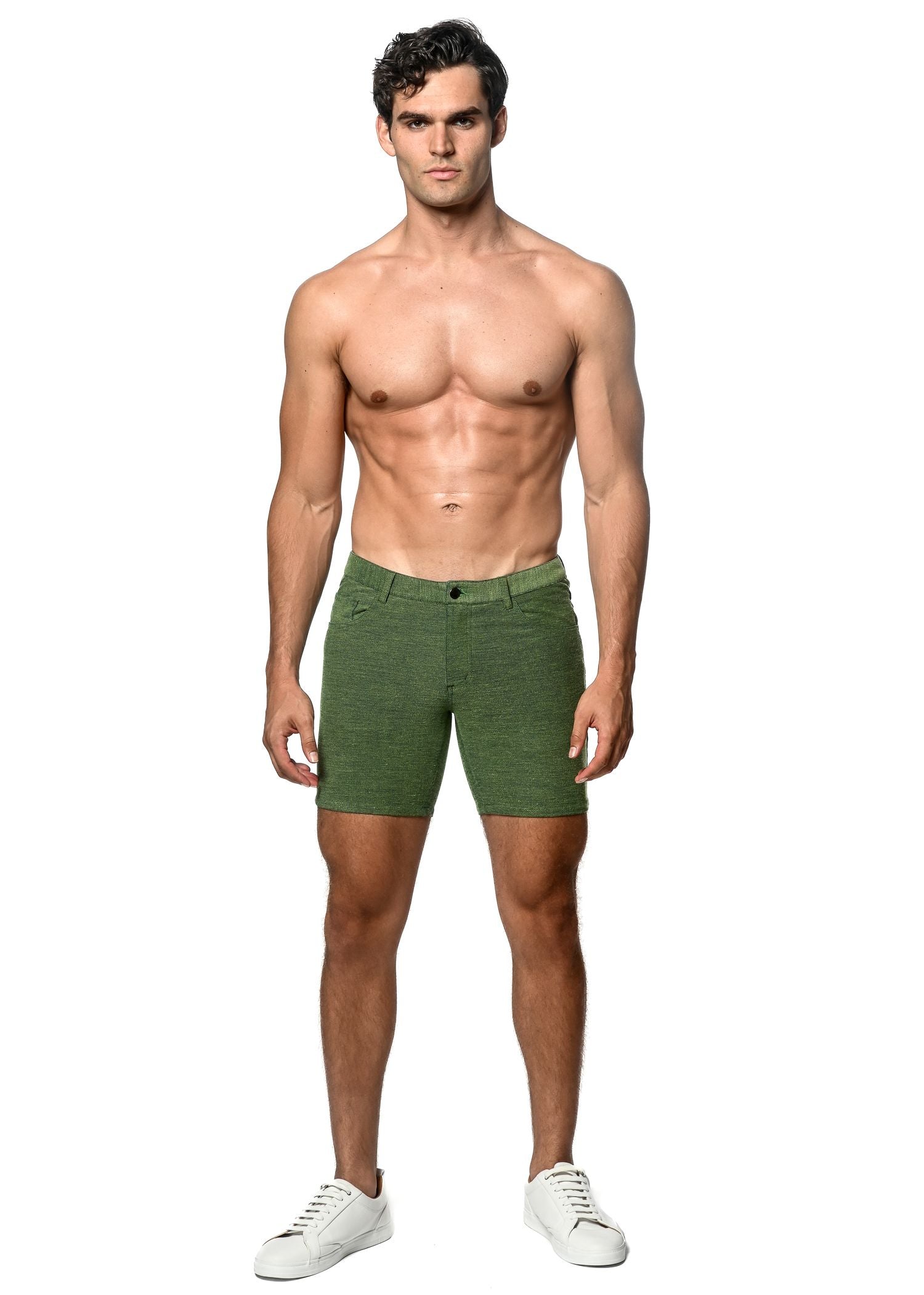 Olive green loopback stretch knit shorts made of textured denim ideal for casual wear