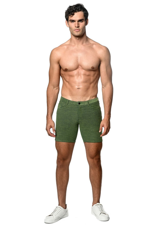 Olive green loopback stretch knit shorts made of textured denim ideal for casual wear
