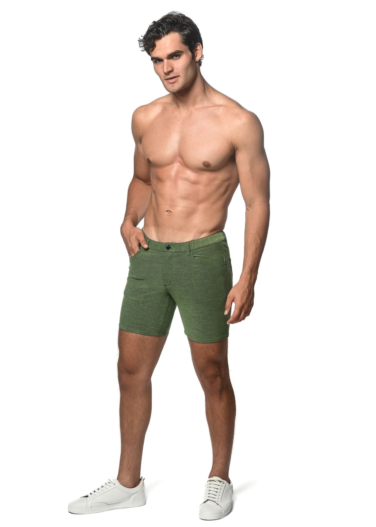 Olive green loopback stretch knit shorts with textured fabric for comfortable casual wear