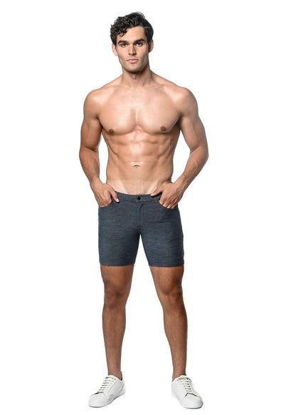 Dark gray loopback stretch knit shorts with textured fabric classic fit and button closure