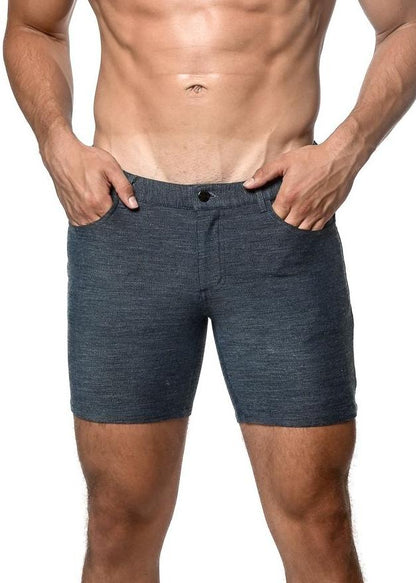 Dark heathered blue loopback stretch knit shorts with textured fabric button closure and side pockets