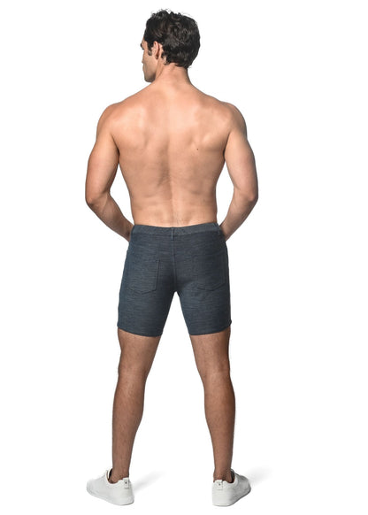 Dark blue loopback stretch knit shorts with classic fit shown from back featuring two rear pockets