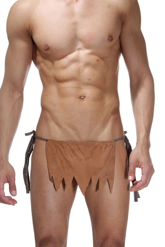 Brown fabric loincloth underwear with frayed edges and black ties laBlinque caveman tie side camel size m