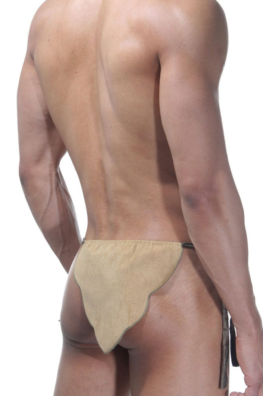 Tan suede-like fabric briefs with scalloped edge and dark trim lablinque tarzan tie side loincloth underwear camel size s