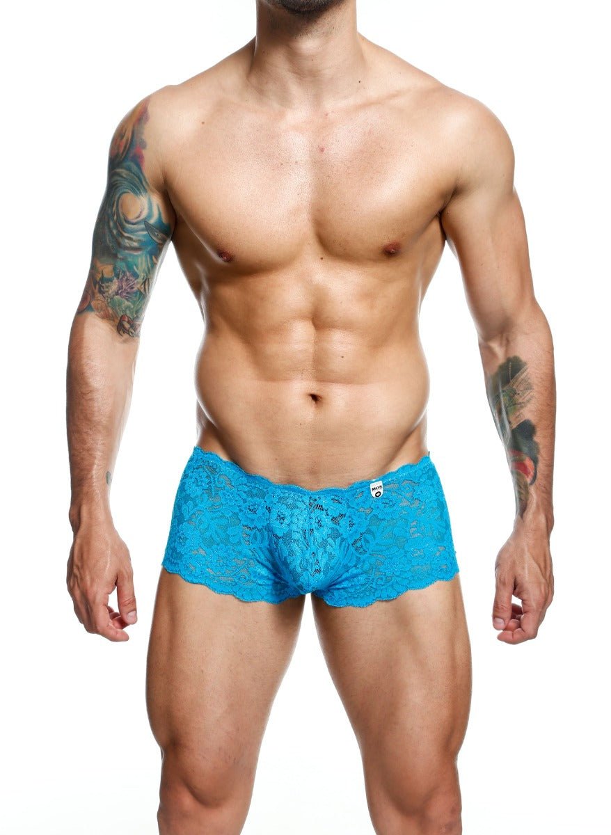 Bright blue lace boxer shorts with scalloped edges designed as men’s briefs in final sale