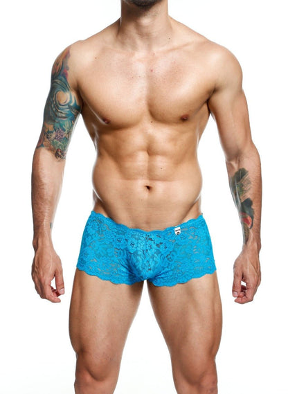 Bright blue lace boxer shorts with scalloped edges designed as men’s briefs in final sale