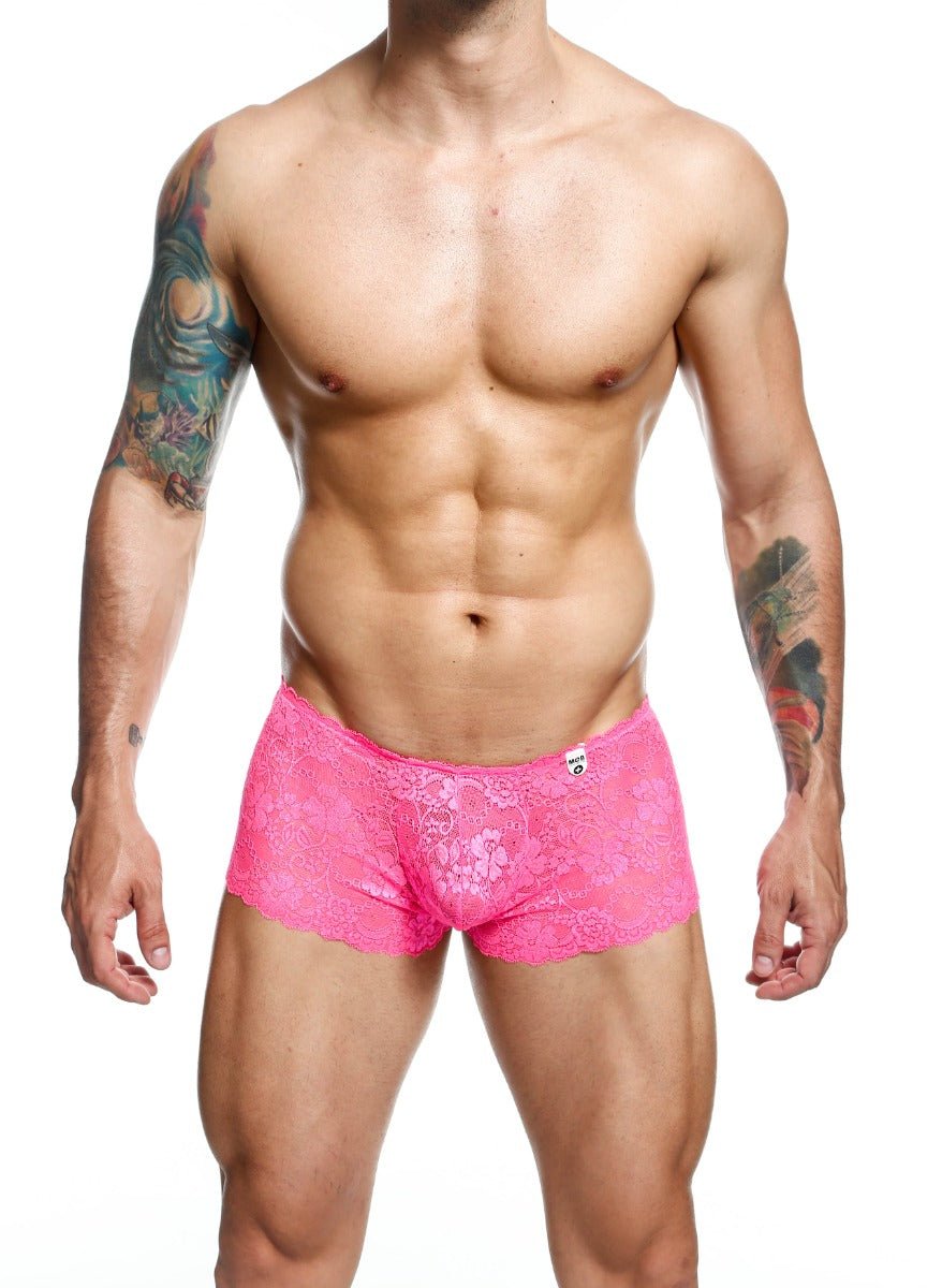 Bright pink lace boxer shorts with delicate floral pattern and scalloped hem for final sale