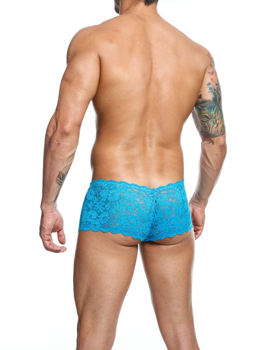 Bright blue lace boxer shorts with scalloped edge in final sale lace underwear collection