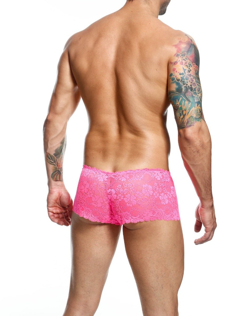 Bright pink lace boxer shorts with floral pattern made of lace ideal for final sale lingerie collection