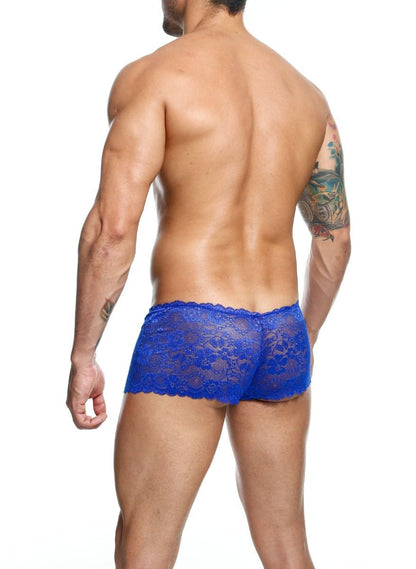 Vibrant blue lace boxer shorts with scalloped hemline featuring delicate lace detailing final sale item