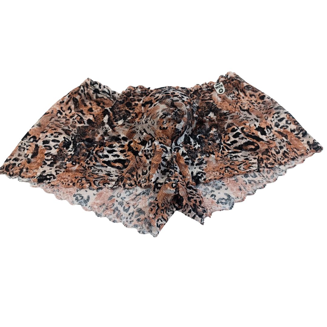 A sheer leopard print scarf with scalloped edge and lace trim paired with leopard mob eroticwear lace mini boy shorts